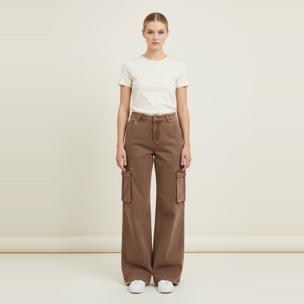 Risen NWT High Rise Wide Leg Cargo Jeans Womens 5/27 Espresso Brown RDP5502 Boho